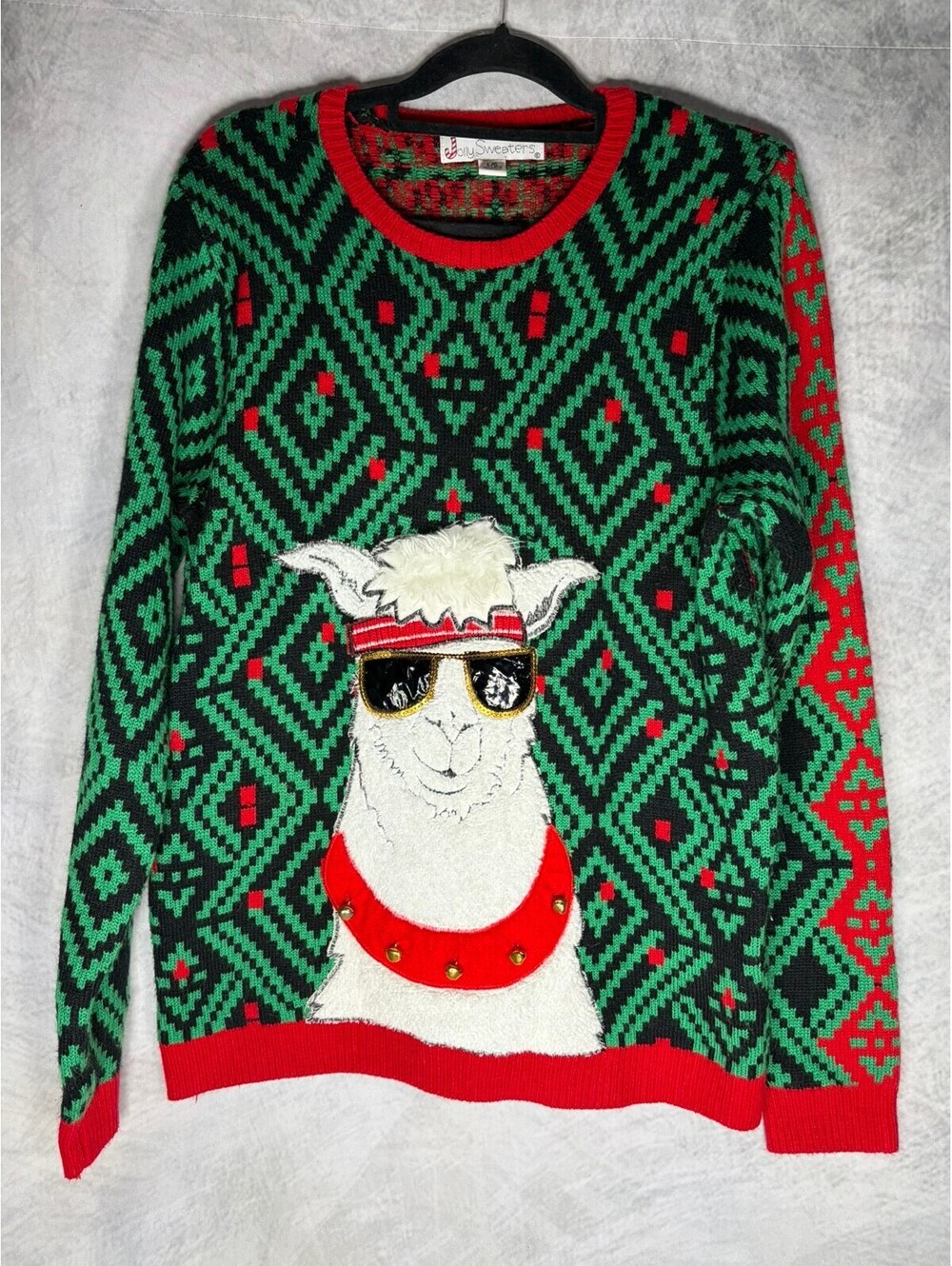 Jolly Sweaters Christmas Llama Ugly Sweater Women L Green Red 3D Bells Holiday